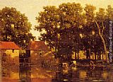 Willem Roelofs A Sunlit River Landscape With Cows Watering painting